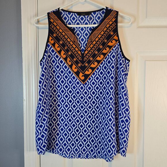 THML Tops - THML Blouse Womens Size Small Orange Blue Geometric Sleeveless Vneck Bold Print